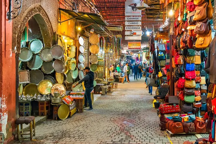 A souk lane of lanterns and leather goods, Marrakech