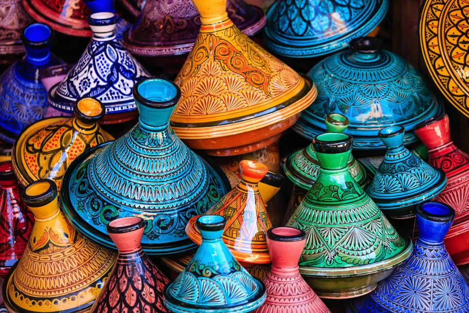 Painted tagine pots at a souk in Marrakech