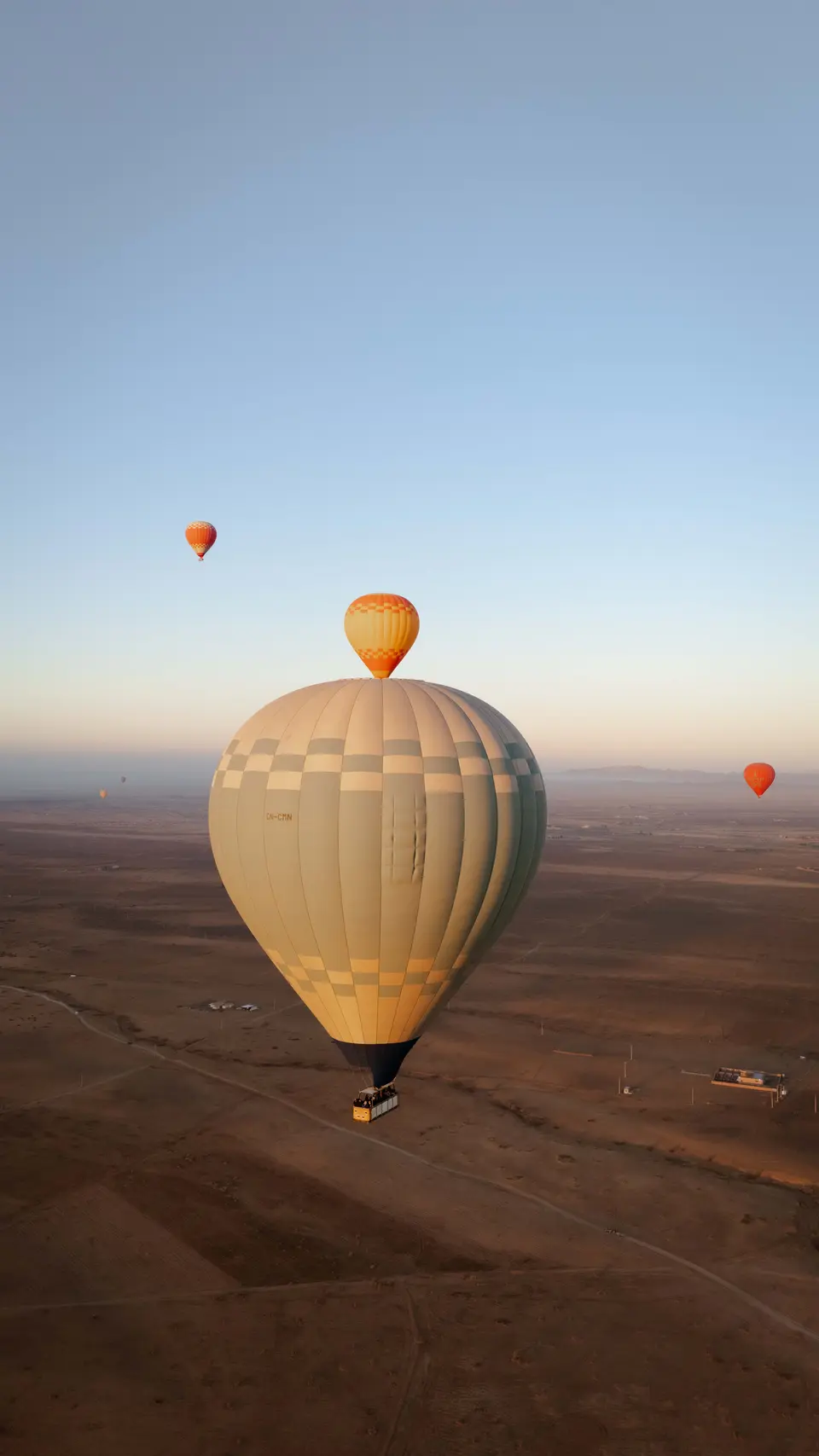 Hot air balloons over the plain, seen from above
