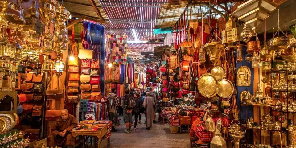 A souk of lamps and brassware in Fes