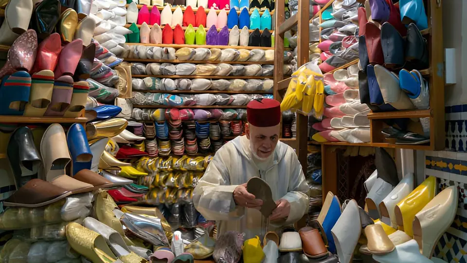 A craftsman among shelves of babouches in Fes