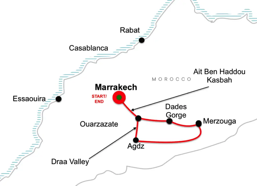 Route map of the Marrakech and Sahara journey: Marrakech, Ait Ben Haddou, Ouarzazate, Dades Gorge, Merzouga, Agdz and the Draa Valley