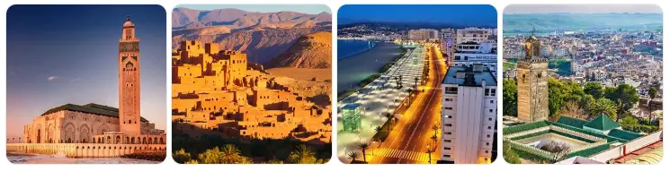 Four Moroccan cities side by side: Casablanca, Ait Ben Haddou, Tangier and Rabat