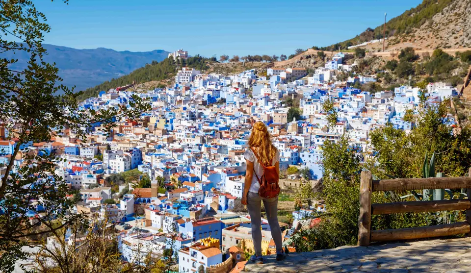 Chefchaouen, the Blue Pearl, seen from the hillside above the medina