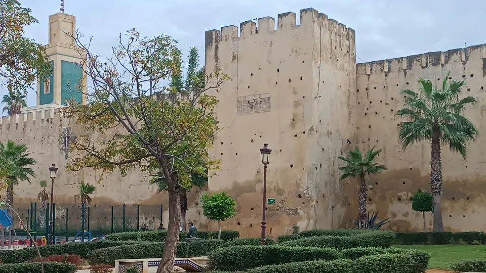 Crenellated city walls above a garden