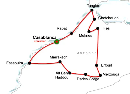 Route map of the Majestic Morocco journey: Casablanca, Rabat, Tangier, Chefchaouen, Fes, Meknes, Erfoud, Merzouga, Dades Gorge, Ait Ben Haddou, Marrakech and Essaouira