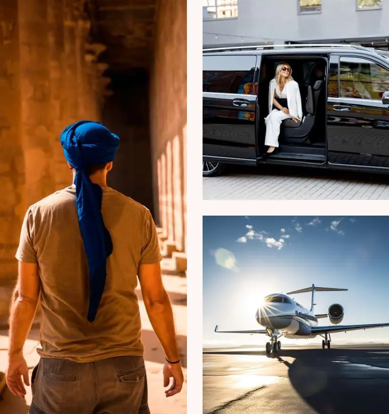 A guide in a blue turban, a private vehicle and a light aircraft